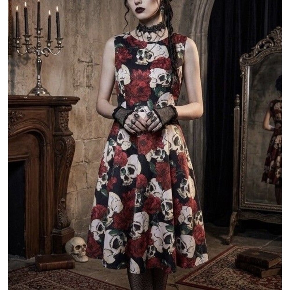 Enmain Sleeveless Skull Rose Dress Small Gothic rockabilly Retro Pinup Halloween